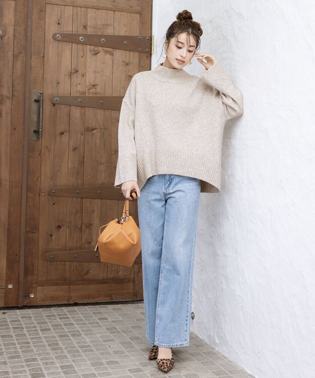 Tiaclasse L 【洗える】モックネックポインテルニットトップス ベージュ