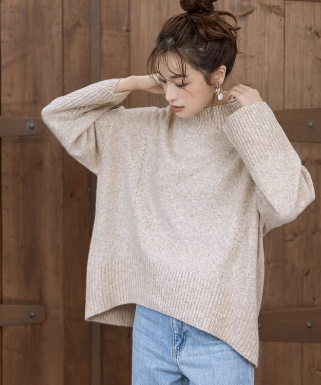 Tiaclasse L 【洗える】モックネックポインテルニットトップス ベージュ