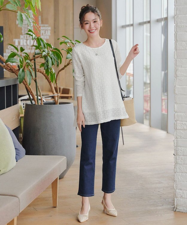 Tiaclasse L 花柄カットレースフレアトップス オフホワイト