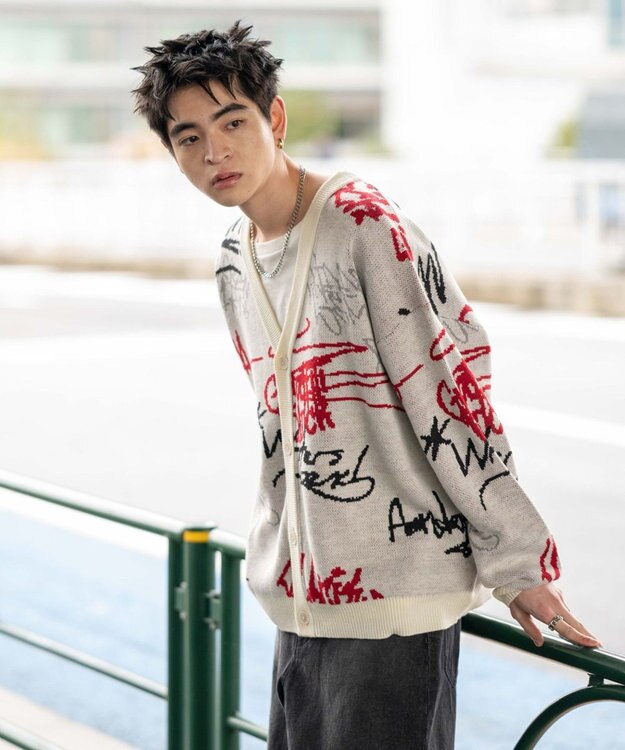 WEGO リラックスフィットパターンカーディガン ホワイト