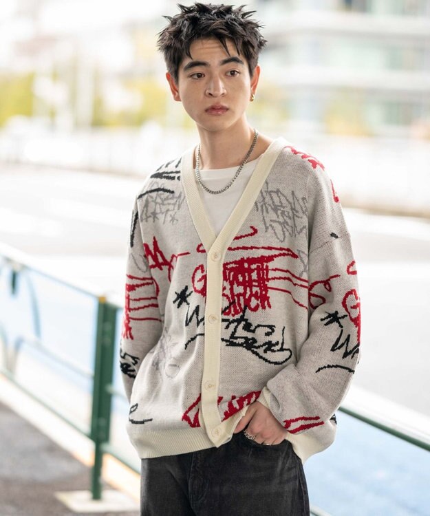 WEGO リラックスフィットパターンカーディガン ホワイト