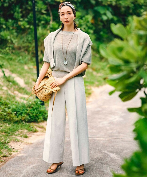 23区 【セットアップ対応/洗える】コットンリネン オックスストレッチ ワイド パンツ アイボリー系