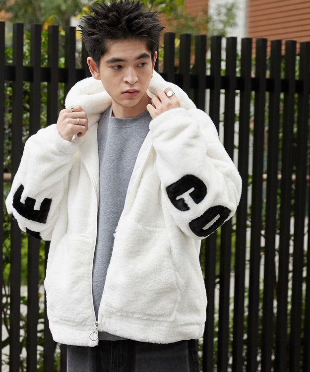 WEGO ファーフードグラフィックブルゾン ホワイト