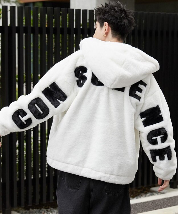 WEGO ファーフードグラフィックブルゾン ホワイト