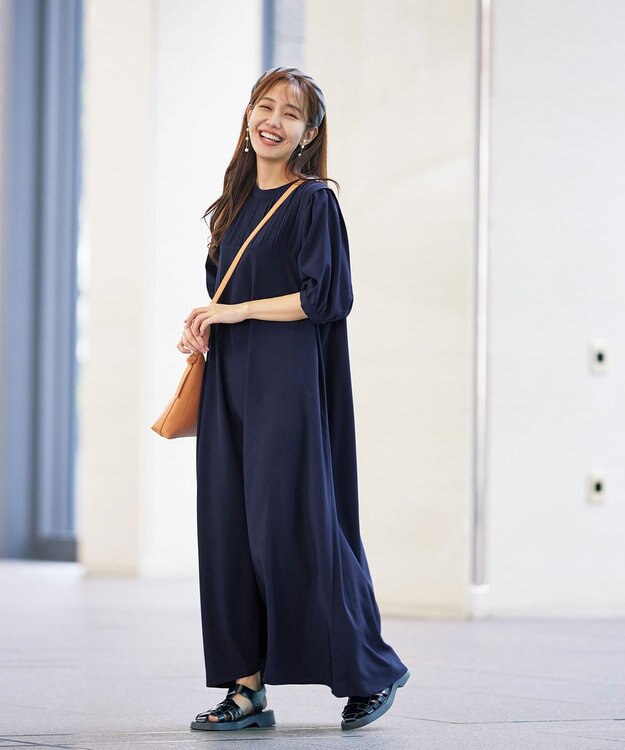 Tiaclasse L 【洗える】ボリュームパフスリーブAラインワンピース ネイビー