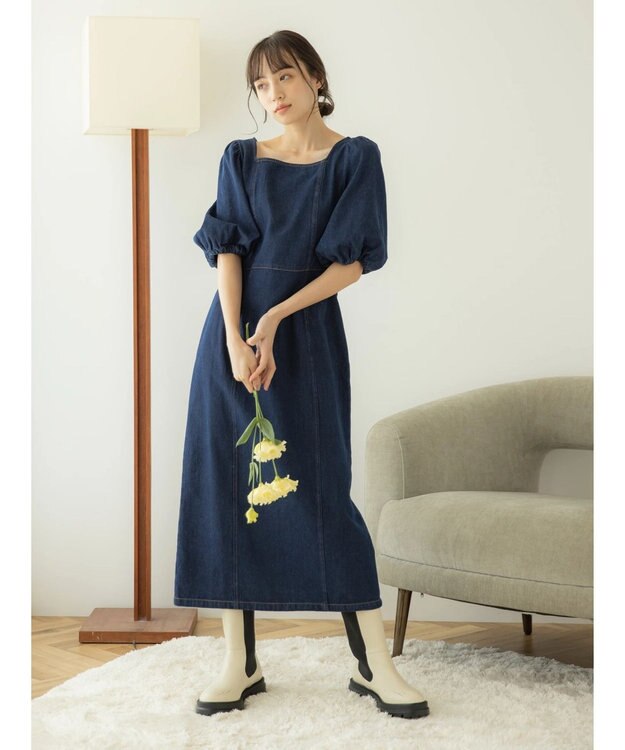 earth music&ecology スクエアネックデニムワンピース Dark Indigo