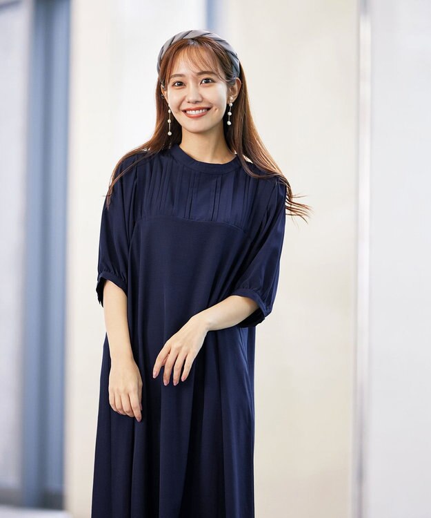 Tiaclasse L 【洗える】ボリュームパフスリーブAラインワンピース ネイビー