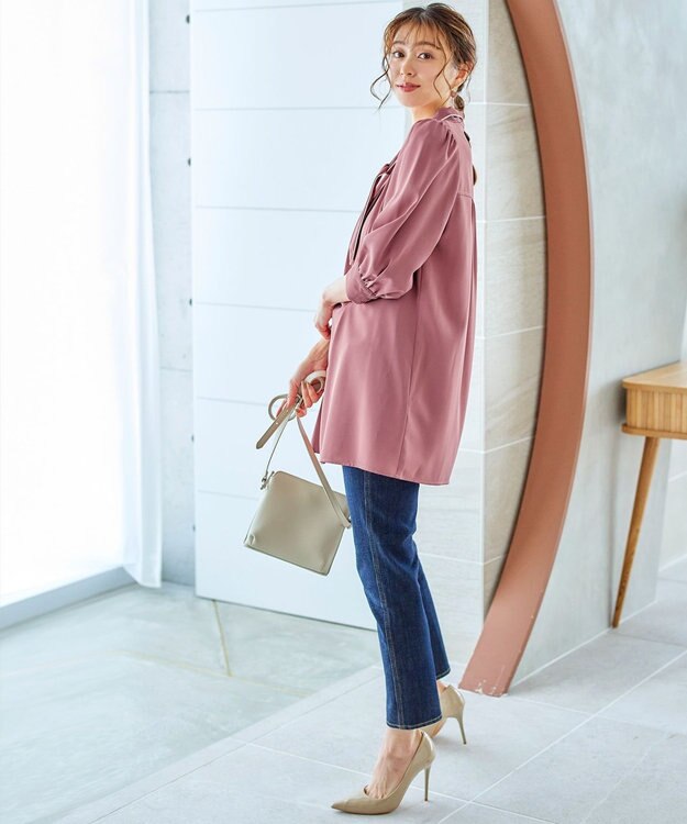 Tiaclasse L 【洗える】配色ボウタイパフ袖チュニックブラウス ピンク