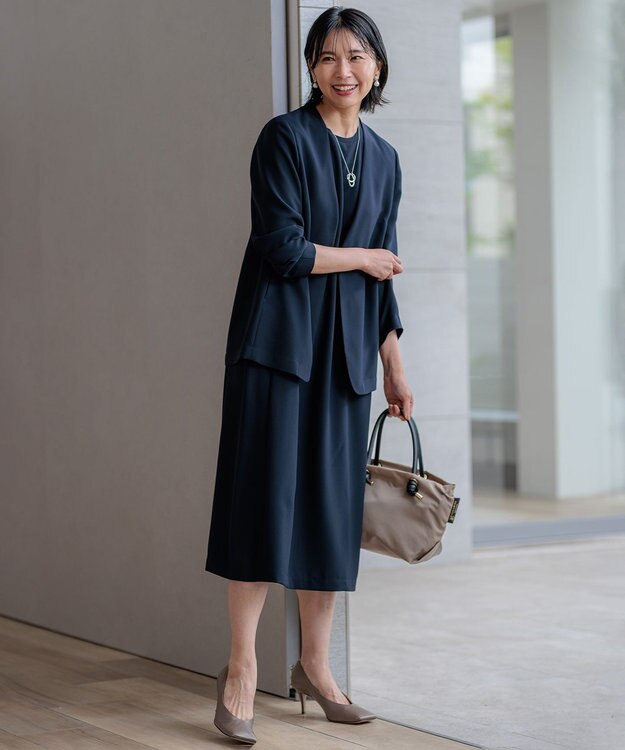 23区 S 【洗える/吸水速乾/UVカット/接触冷感】ストレッチジョーゼット ノーカラー ジャケット ネイビー系