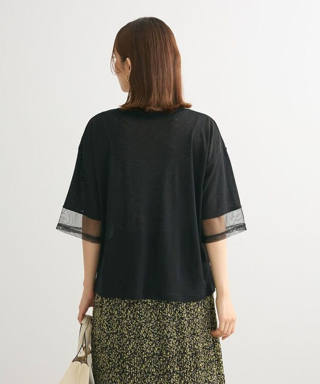 Green Parks 袖チュールドッキングシアー５分袖プルオーバー Black