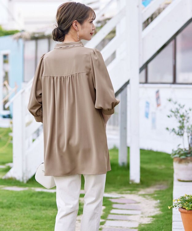 Tiaclasse L 【洗える】配色ボウタイパフ袖チュニックブラウス ベージュ