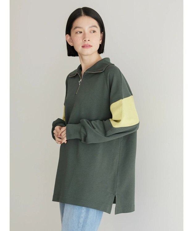 AMERICAN HOLIC ハーフＺＩＰ配色切り替え裏毛チュニック Khaki