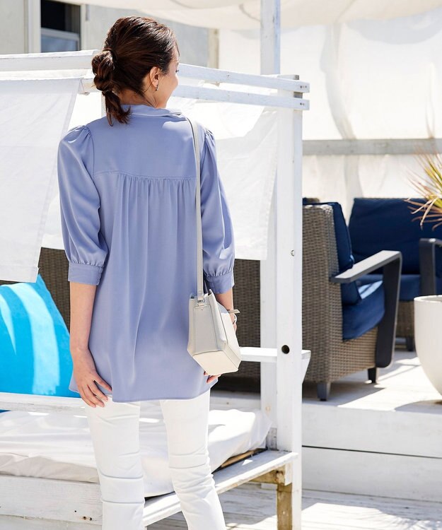 Tiaclasse L 【洗える】配色ボウタイパフ袖チュニックブラウス サックス