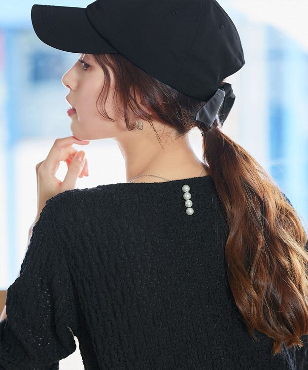 Tiaclasse L 花柄カットレースフレアトップス ブラック