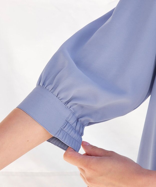 Tiaclasse L 【洗える】配色ボウタイパフ袖チュニックブラウス サックス