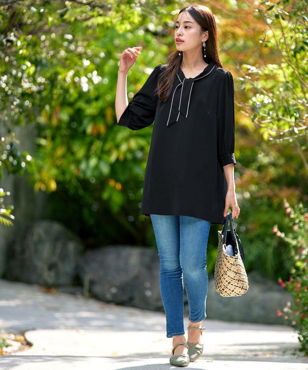 Tiaclasse L 【洗える】配色ボウタイパフ袖チュニックブラウス ブラック