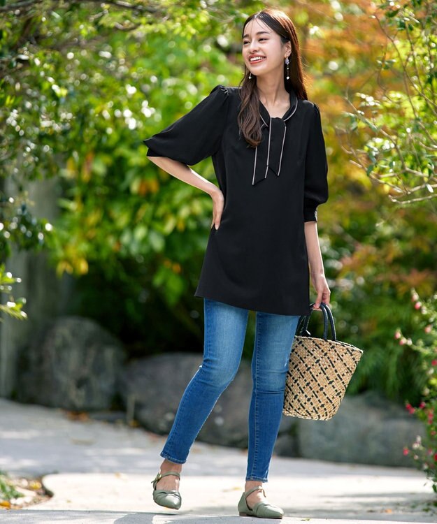 Tiaclasse L 【洗える】配色ボウタイパフ袖チュニックブラウス ブラック