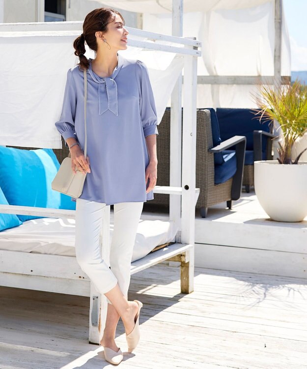 Tiaclasse L 【洗える】配色ボウタイパフ袖チュニックブラウス サックス