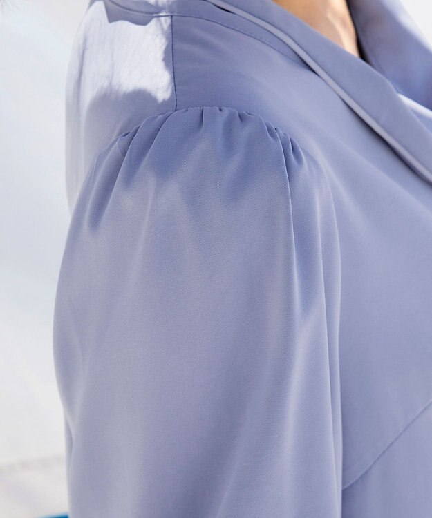 Tiaclasse L 【洗える】配色ボウタイパフ袖チュニックブラウス サックス