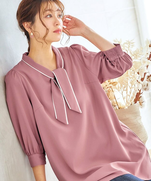 Tiaclasse L 【洗える】配色ボウタイパフ袖チュニックブラウス ピンク