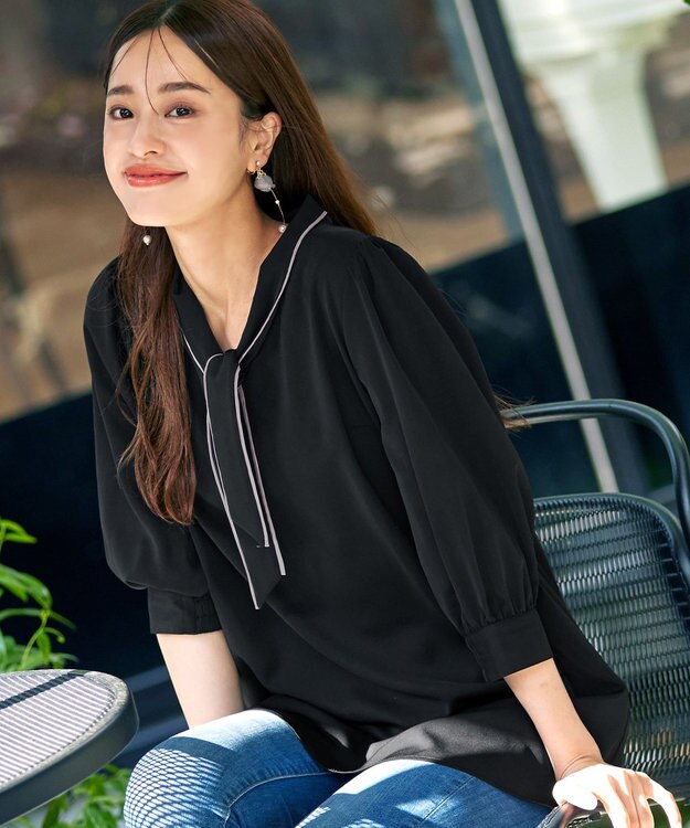 Tiaclasse L 【洗える】配色ボウタイパフ袖チュニックブラウス ブラック