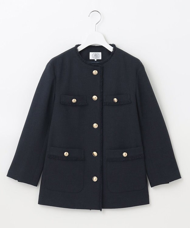 J.PRESS LADIES L ナチュラルツイードストレッチ ノーカラー ジャケット ネイビー系