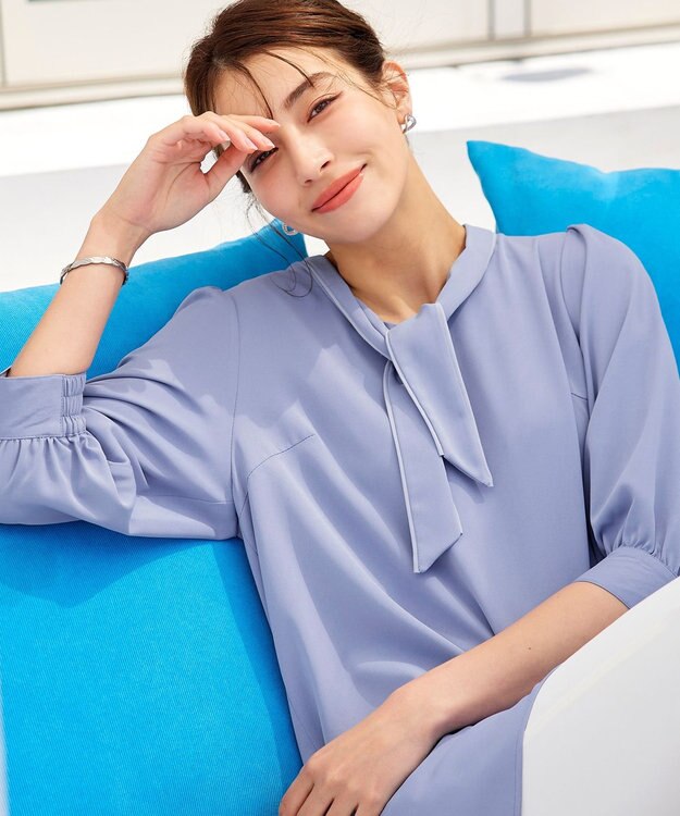 Tiaclasse L 【洗える】配色ボウタイパフ袖チュニックブラウス サックス