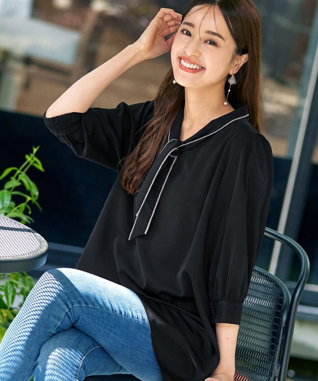 Tiaclasse L 【洗える】配色ボウタイパフ袖チュニックブラウス ブラック