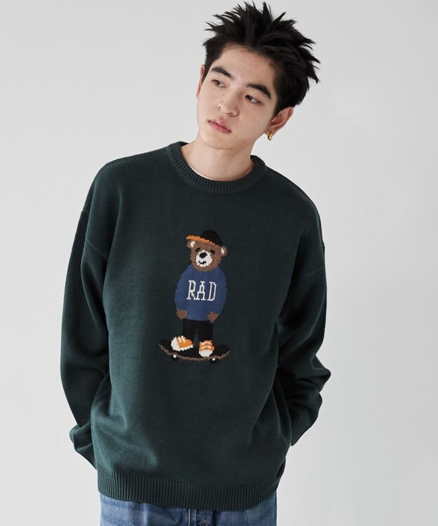 WEGO アニマルジャガードニットプルオーバー ダークグリーン