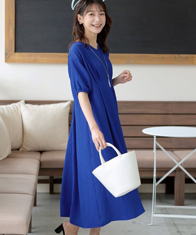 Tiaclasse L 【新色追加】ワッフルVネックワンピース ブルー