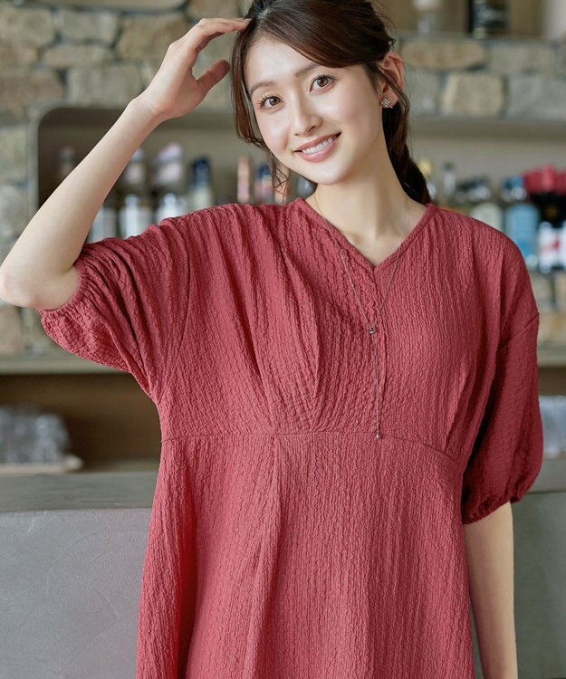 Tiaclasse L 【新色追加】ワッフルVネックワンピース ディープピンク