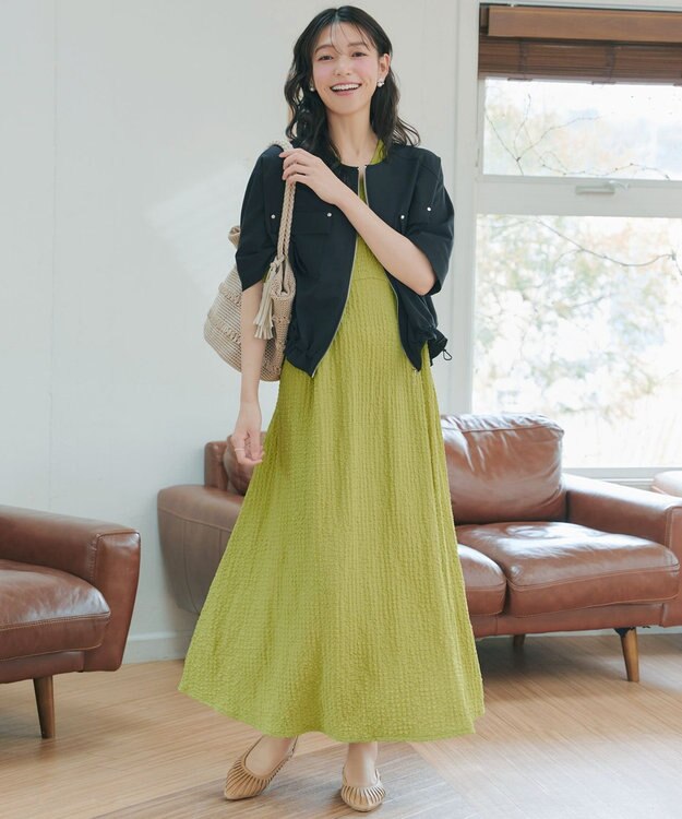 Tiaclasse L 【新色追加】ワッフルVネックワンピース ライム