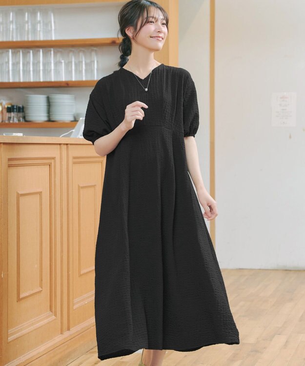 Tiaclasse L 【新色追加】ワッフルVネックワンピース ブラック