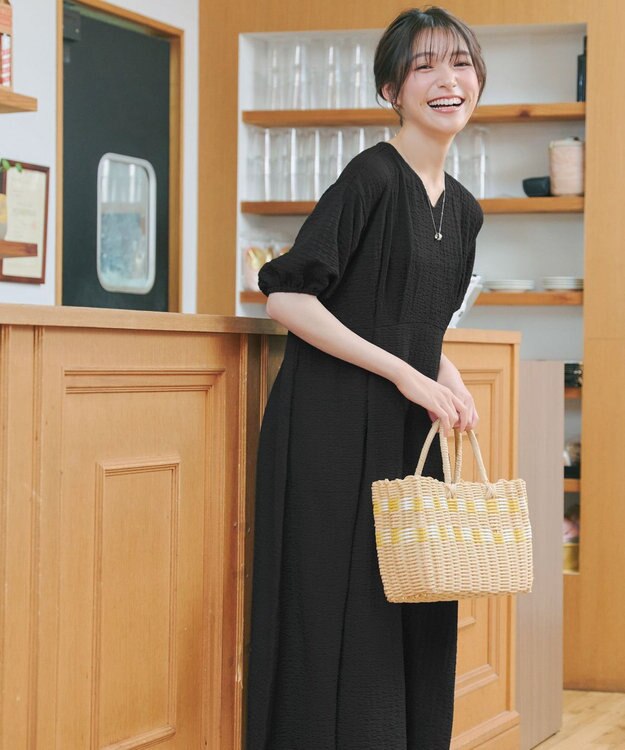 Tiaclasse L 【新色追加】ワッフルVネックワンピース ブラック