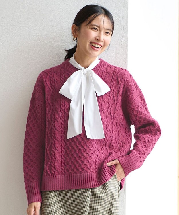 ANY L 【洗濯機可】ソフトタッチケーブルニット ワイン系