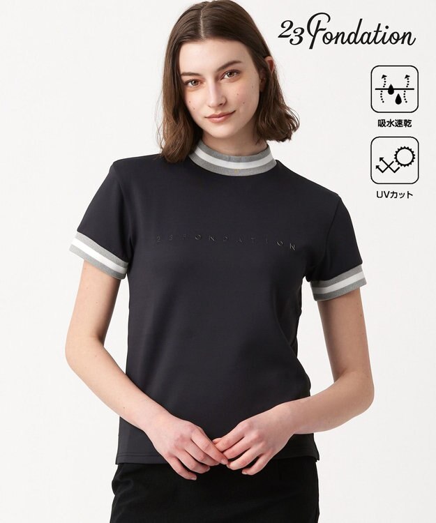 23区GOLF 【23Fondation/WOMEN】【吸水速乾/UVケア】ラインモックシャツ ブラック系