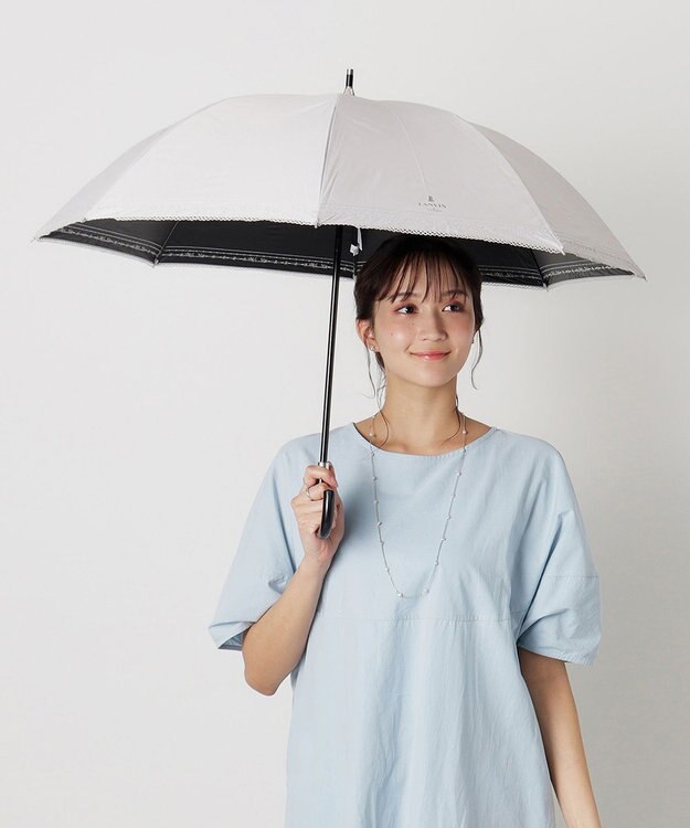 MOONBAT 【遮光率100％/遮熱/UV】LANVIN en Bleu (ランバン オン ブルー)晴雨兼用日傘 ピコレース シルバーラメ刺繍 長傘 キャメル