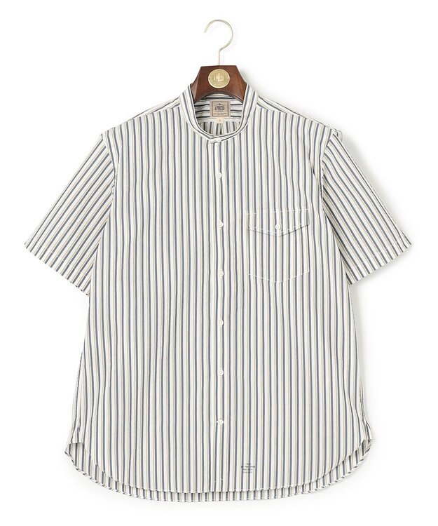 J.PRESS MEN 【クールマックス】サッカーマルチストライプ バンドカラーシャツ ブルー系1