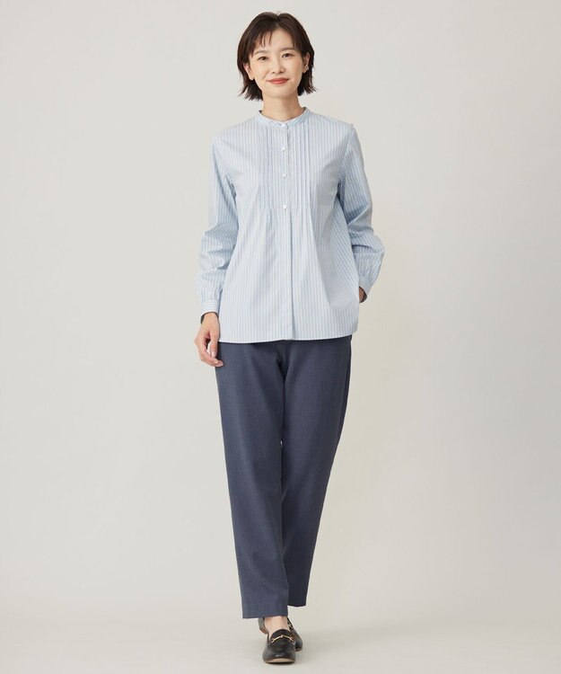 J.PRESS LADIES S 【洗える】BEZコットンナイロン ストライプ ピンタック ブラウス ブルー×イエローストライプ系1