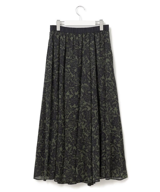 23区 L 【洗える】ボタニカルプリント フレア スカート カーキ×ネイビープリント