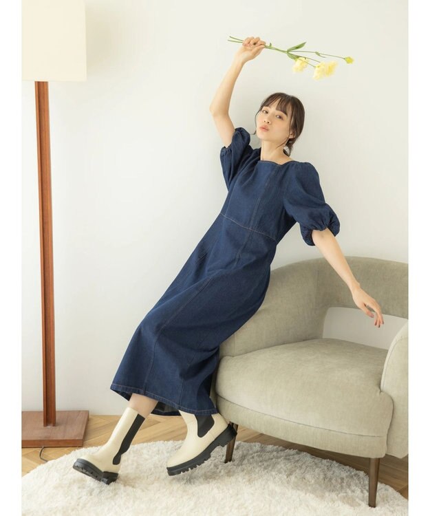 earth music&ecology スクエアネックデニムワンピース Dark Indigo