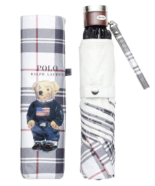 MOONBAT 【軽量】POLO RALPH LAUREN 晴雨兼用日傘 折りたたみ傘 チェック／遮光 遮熱 UV 簡単開閉 オフホワイト