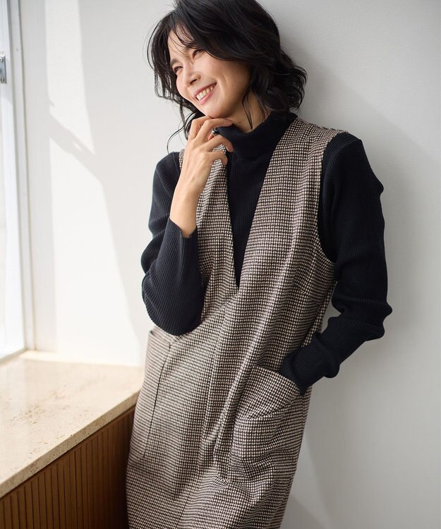 ANY ラメチェックジャガードワンピース ベージュ×ブラック