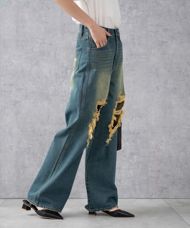 WEGO ヴィンテージウォッシュダメージデニムパンツ デニム中濃加工色