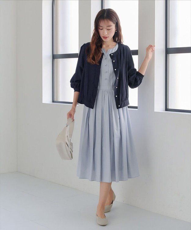 Tiaclasse L 【洗える】パールボタンシアーブルゾン ネイビー