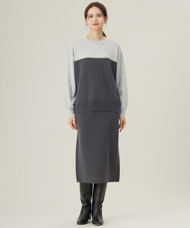 自由区 【カタログ掲載・セットアップ対応・洗える】スムージーブロッキング ニット ライトグレー×スレート