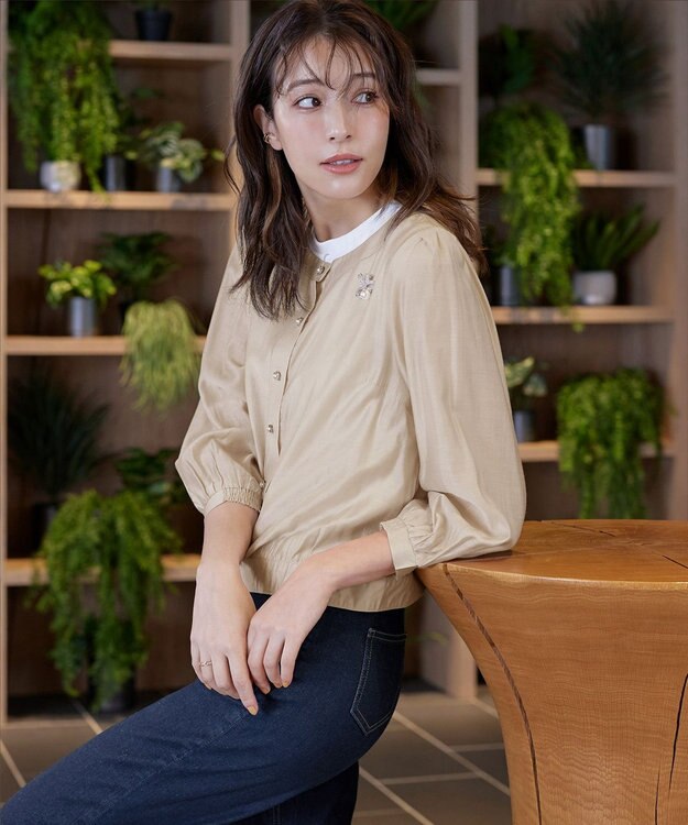 Tiaclasse L 【洗える】パールボタンシアーブルゾン ベージュ