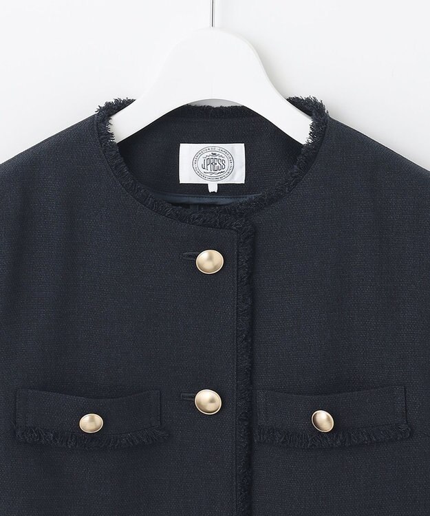 J.PRESS LADIES ナチュラルツイードストレッチ ノーカラー ジャケット ネイビー系