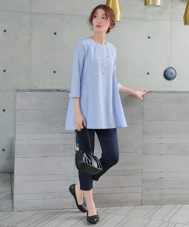 Tiaclasse L 【おのののかさん着用】半袖＆七分袖選べる袖丈バックフレアチュニック 七分袖サックスストライプ