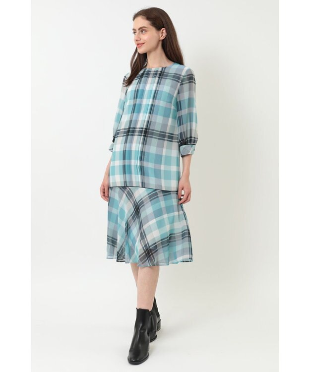 DAKS ビッグトランスチェックシフォンワンピース サックス